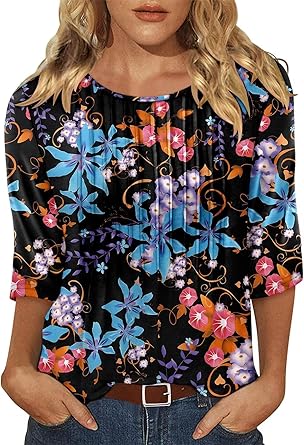 KISSMODA Tunic Tops for Women Loose Fit Dressy Round Neck Pleated 3/4 Length Sleeve Spring Tops