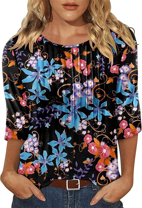 KISSMODA Tunic Tops for Women Loose Fit Dressy Round Neck Pleated 3/4 Length Sleeve Spring Tops