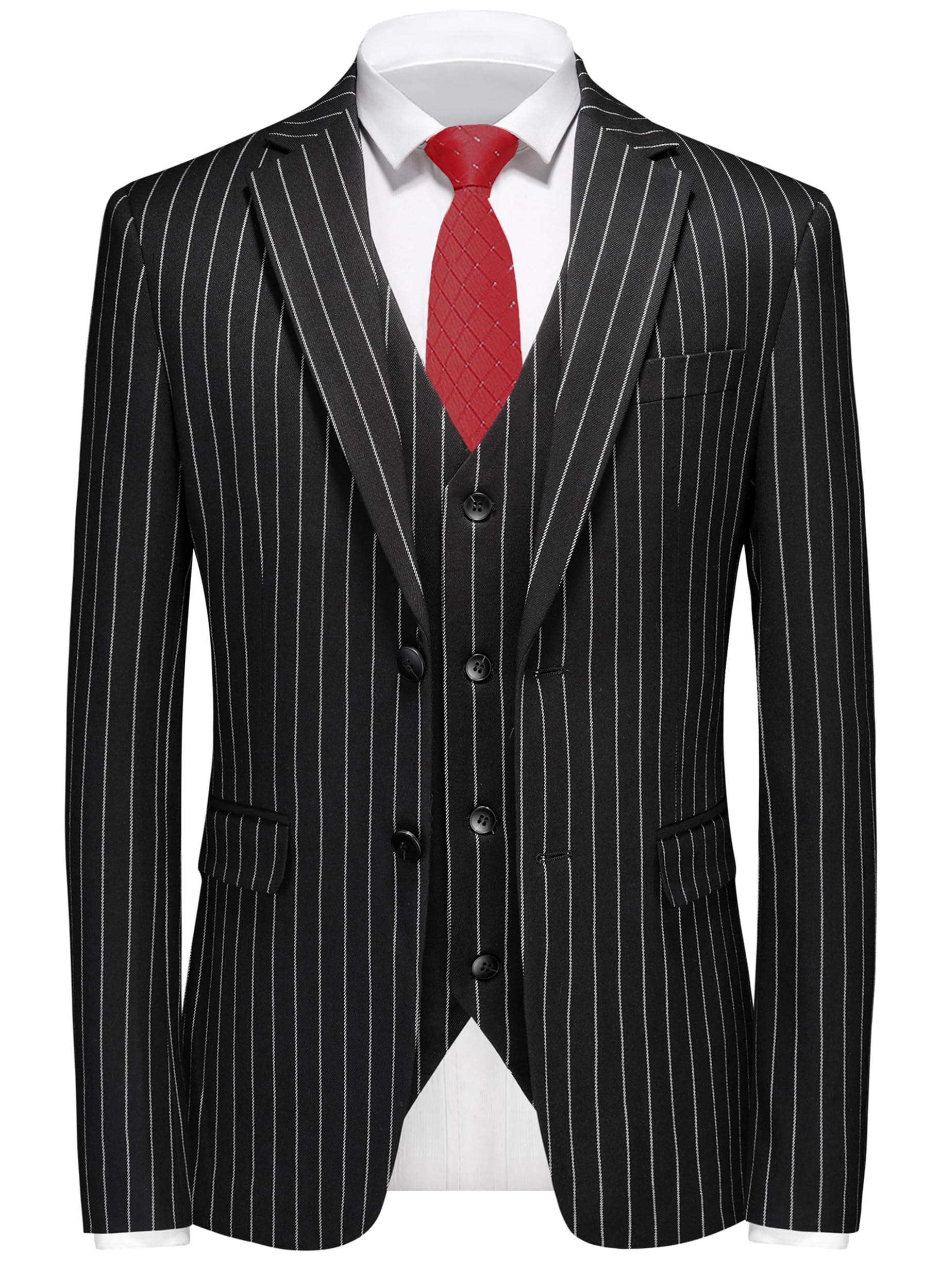 MOGU Costume 3 pièces pour homme à rayures fines Coupe ajustée Double aérations Veste de smoking Gilet et pantalon