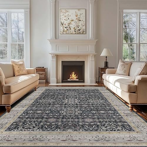 LOOMY 9x12 Vintage Floral Area Rug Black Boho Rug for Living Room Washable Dining Room Rugs for Under Table, Vintage Soft Low Pile Carpet for Bedroom, Farmhouse Large Tumble Rug for High Traffic