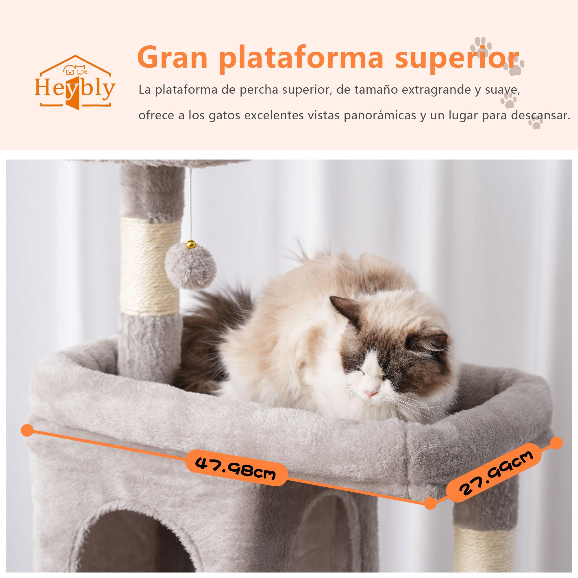 Heybly Árbol para Gatos Alto, 178 cm Altura, Columna Rascador para Gatos Domésticos, Árbol Multi - Niveles: 8 Columnas Rascador, 2 Huecos, 2 Plataformas, Hamaca y Cesto,Gris humeado HCT036W