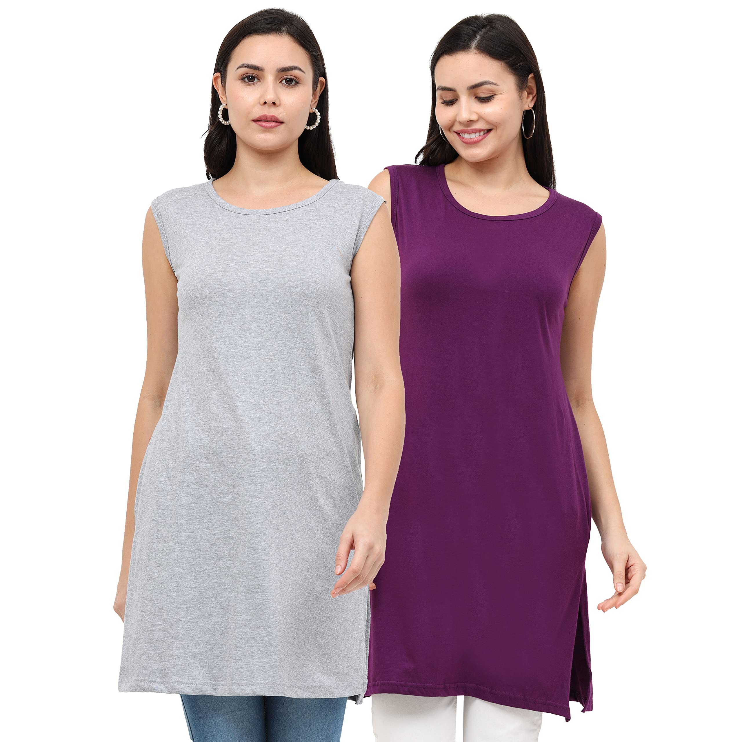 fleximaa Women's Cotton Plain Round Neck Sleeveless & Melange Color Long Top Size - Pack of 2-picture-31
