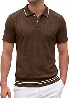 Men's Textured Polo Shirt Vertical Rib Short Sleeve Contrast Trim Collar Hem 2-Button Classic Fit Casual Golf