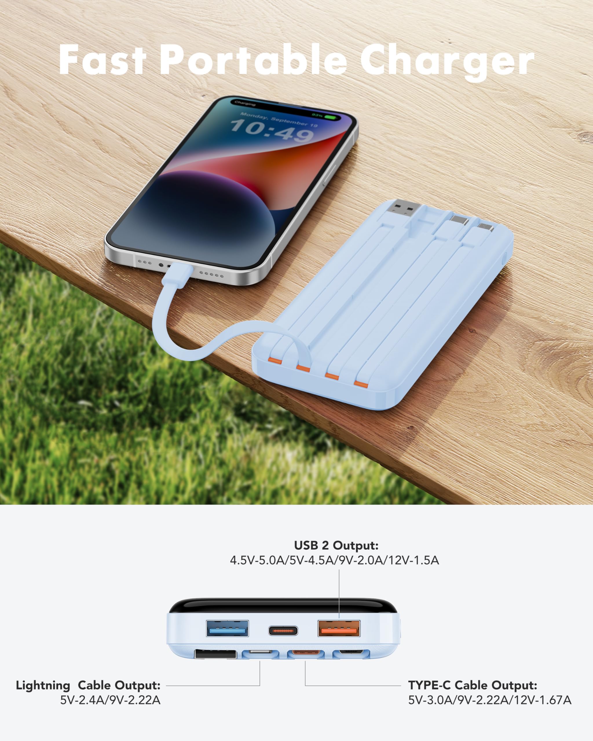 Charmast 22,5 W Schnelllade-Powerbank, 4 Kabel, tragbares Ladegerät, 20.000 mAh