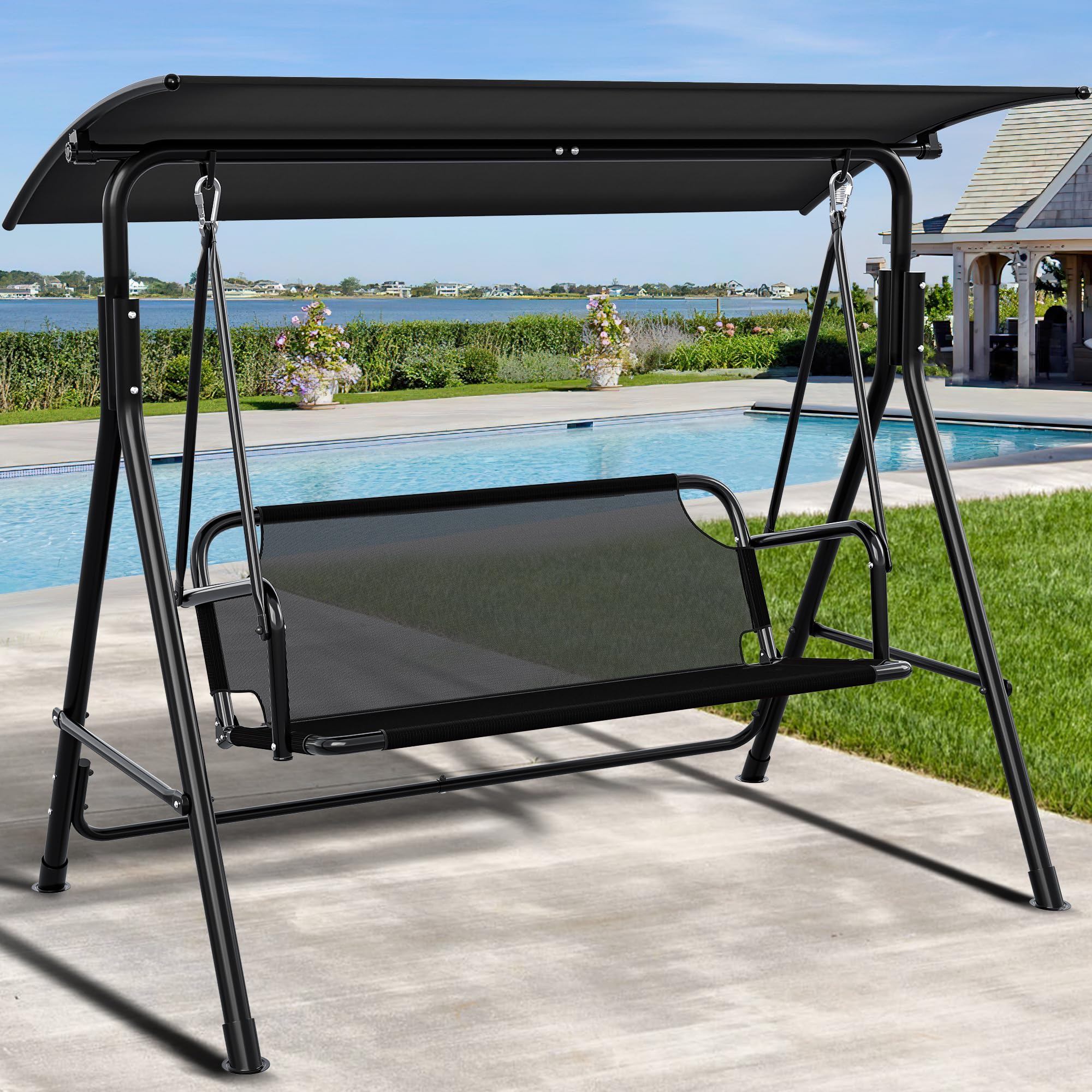 YITAHOME Silla de Columpio de 3 plazas, Silla de jardín con toldo Ajustable, para Patio, Piscina, Porche, Carga de 270 kg, 173 x 106 x 156 cm, Color Negro