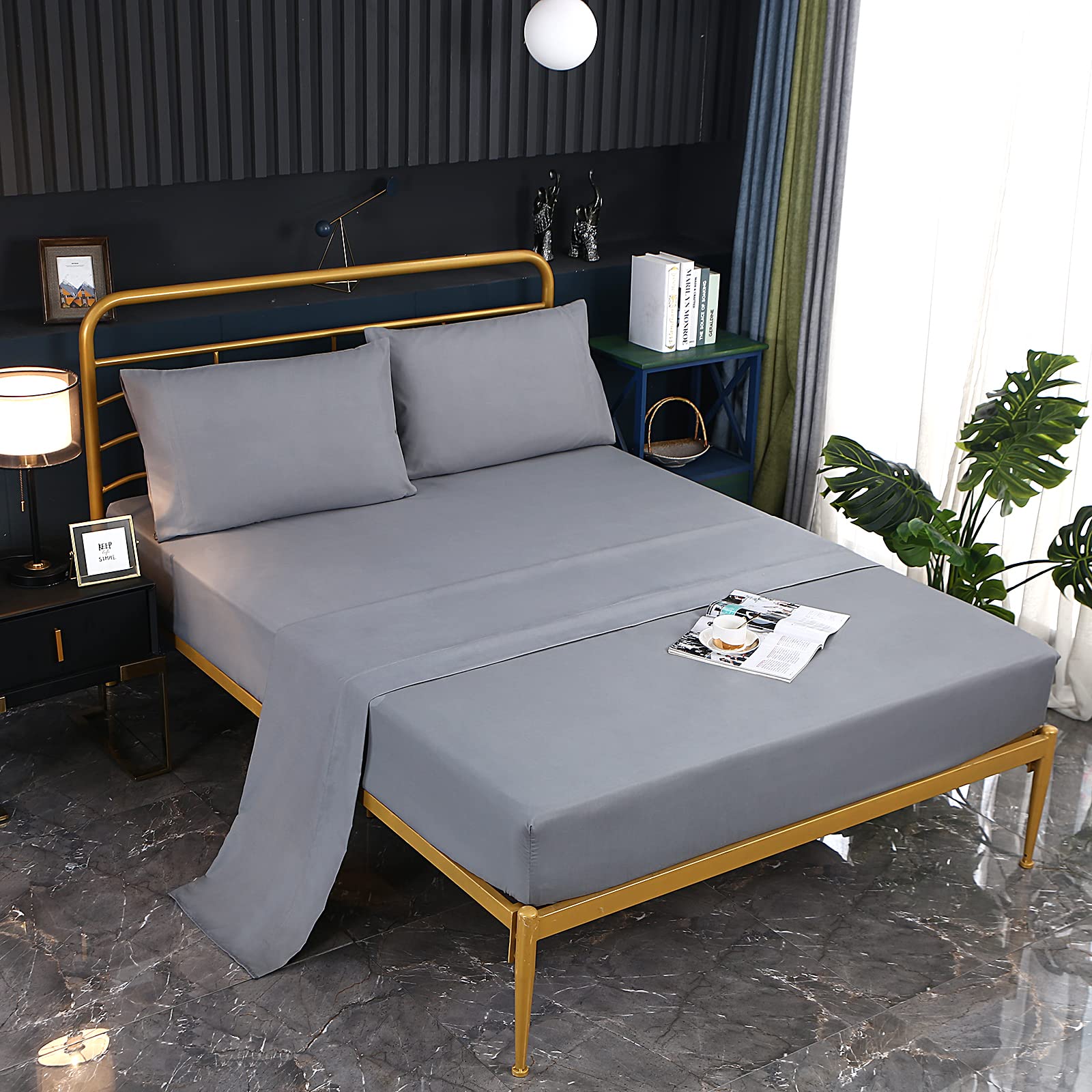 SDY 4PCS Grey Bed Sheets Set Queen Size, Hotel Style Luxury Bedding Sheets ＆ Pillowcases Including 1 Top Flat Sheet+1 Fitted Sheet+2 Pillowcases, Wri MILDLY Microfiber 4 Pieces Bed Sheets Set - Grey \u2013 Mildly