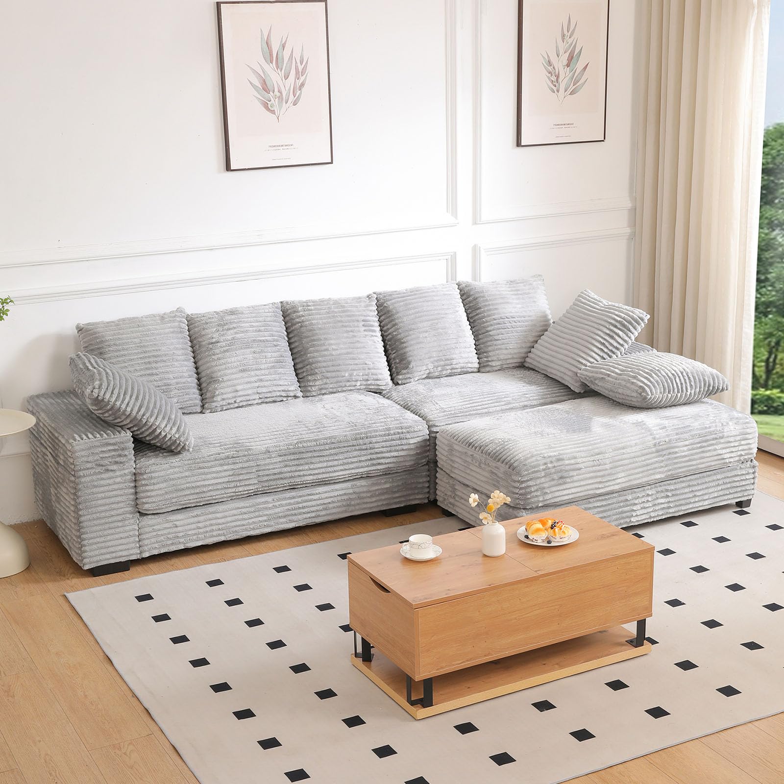 108" Oversized Sectional Sofa Modular Deep Seat Sofa Couch with Storage Ottoman, Upholstered Comfy Cloud Couches with 8 Pillows, Modern L-Shaped
