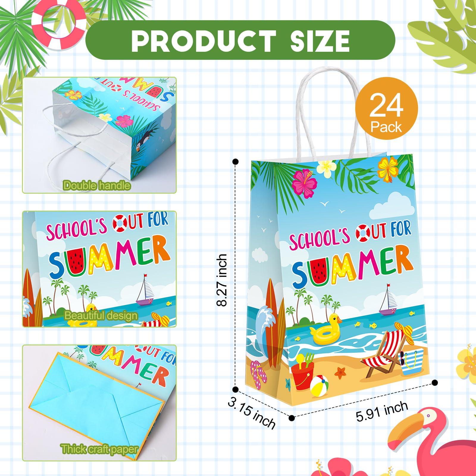 Sweetude 24 Pcs School's out for Summer Gift Bags End of School Year Present Summer Beach Pool Goodie Treat Paper Bags for Summer Vacation Graduation Tropical Party Celebration Favors Supplies