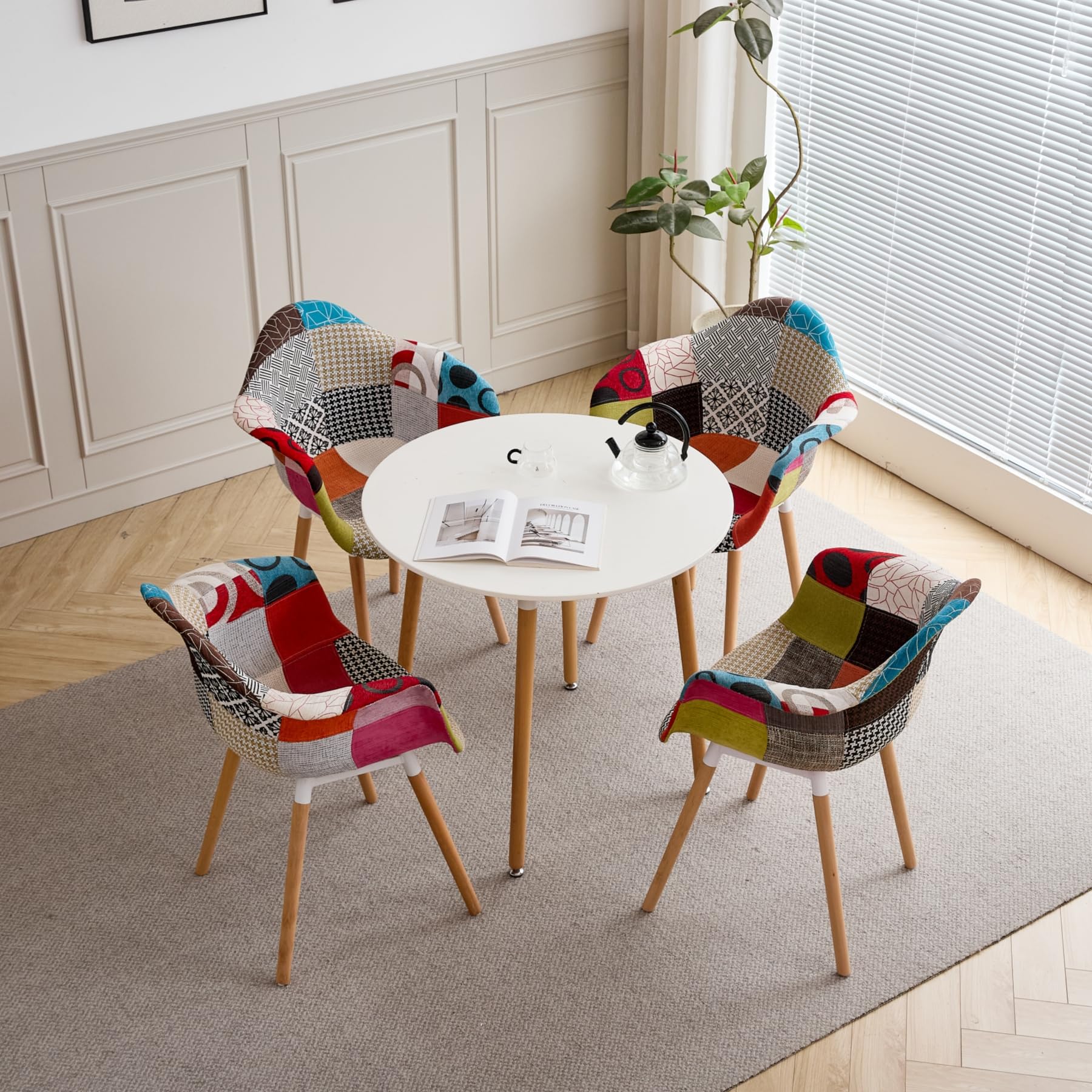GrandCA HOME 4er-Set Sessel mit Patchwork-Stoffkissen Esszimmerstühle Holzbeine für Küche, Wohnzimmer,Rot A5