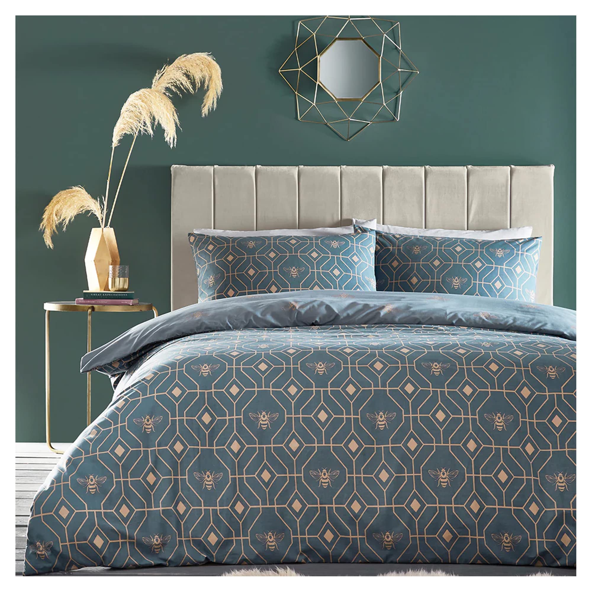 furn. Bee Deco Duvet Cover Set - Honeycomb Geometric Bumble Bee Reversible Bedding (French Blue - King)