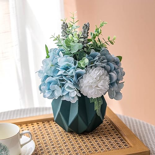Flor artificial en jarrón de seda azul hortensias, arreglo floral sintético adecuado para decoración de oficina en casa, centro de mesa de comedor
