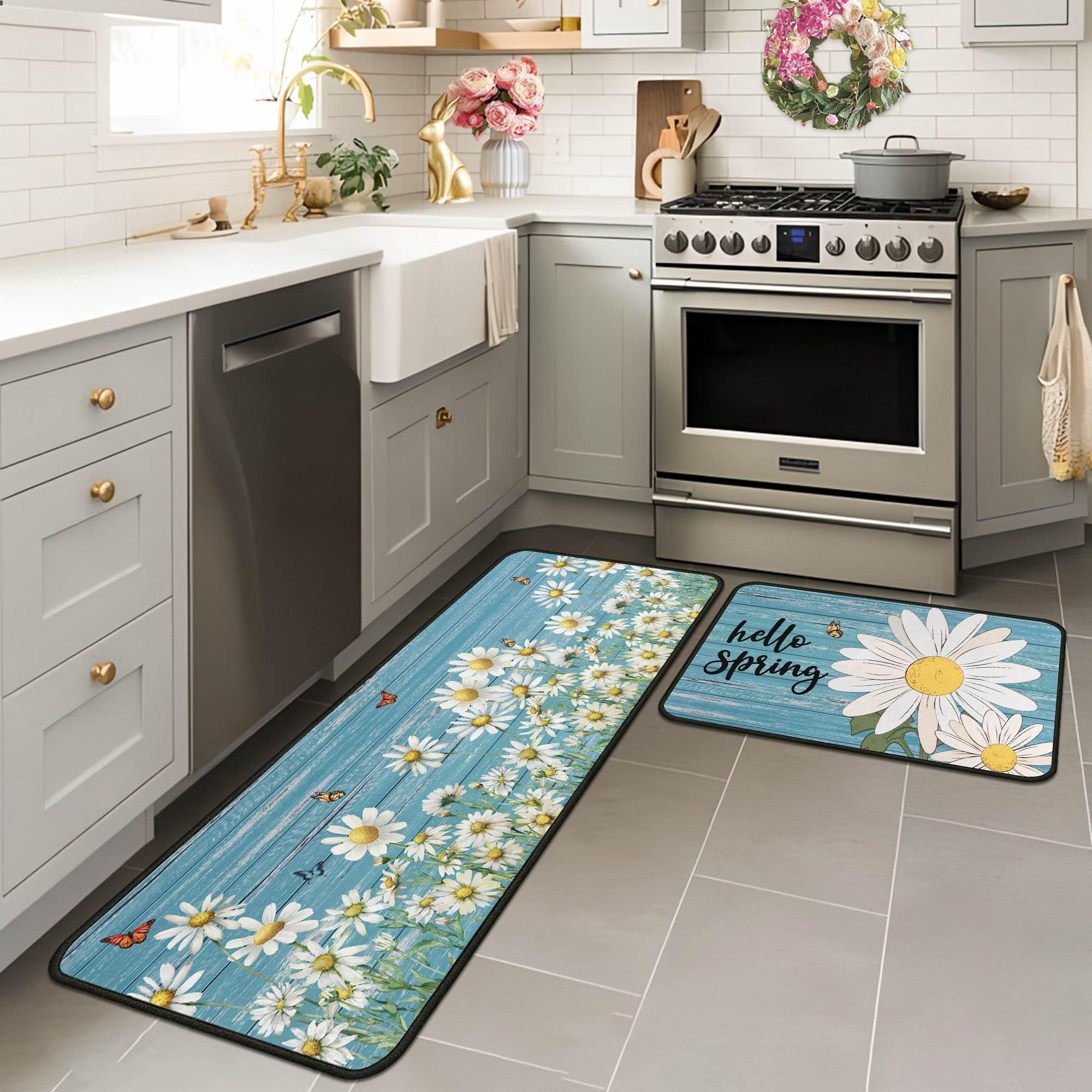 Sping Kitchen Rugs and Mats Set of 2 Sping Decor Non Slip Backing Daisy Spring Kitchen Rug Spring