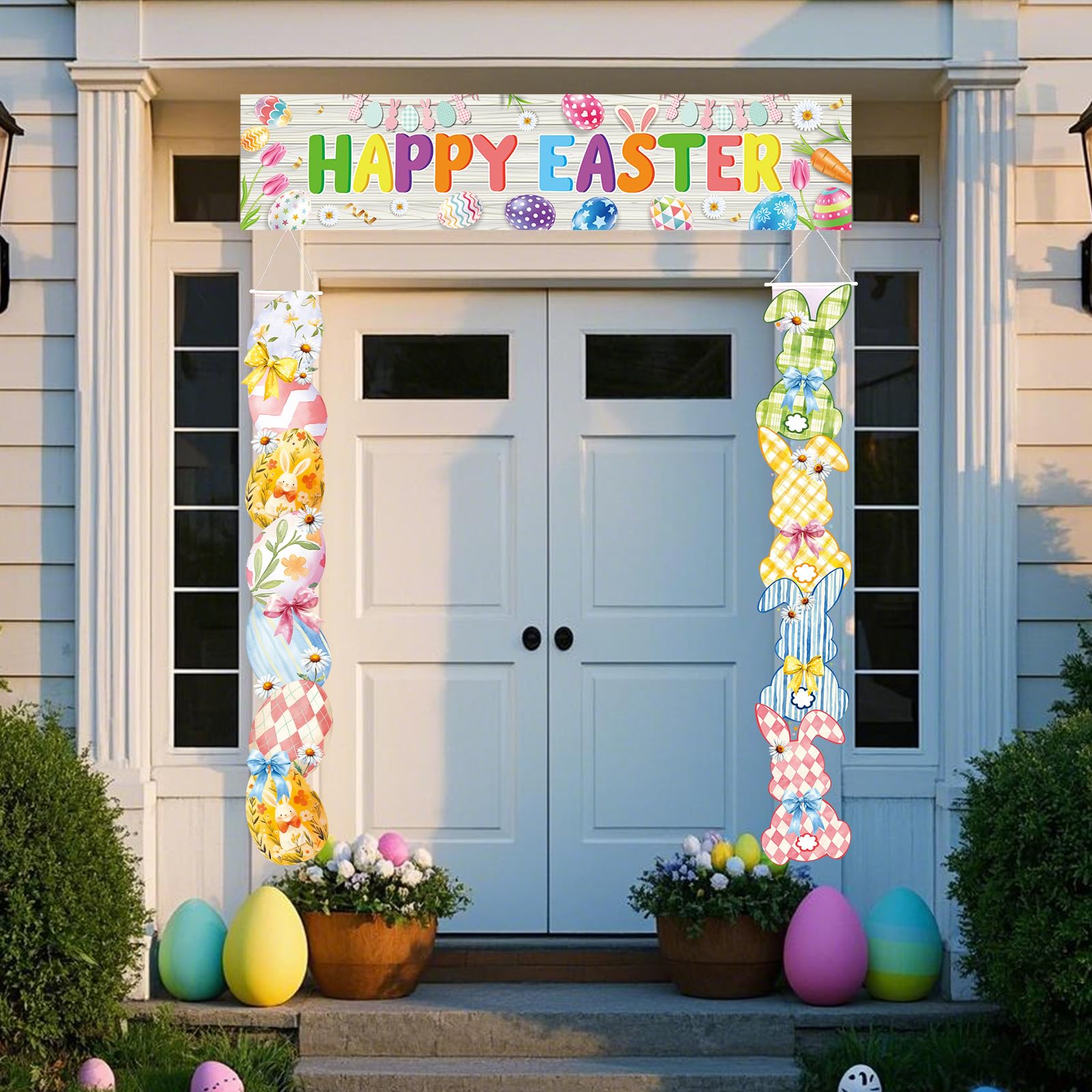 2pcs Easter Egg Couplet & Banner, 2 Design Easter Porch Sign Happy Party Door Decoration Bunny Decor Rabbit Porch Sign for Door Home Wall