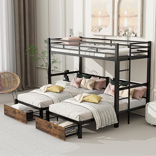 Metal Triple Bunk Bed for Kids, Detachable TwinXL Over Twin Over Twin Triple Bunk Bed with Guardrails, Ladder & Storage Drawer, Converts to 3 Separate Beds (3 Bunk Beds for Kids)