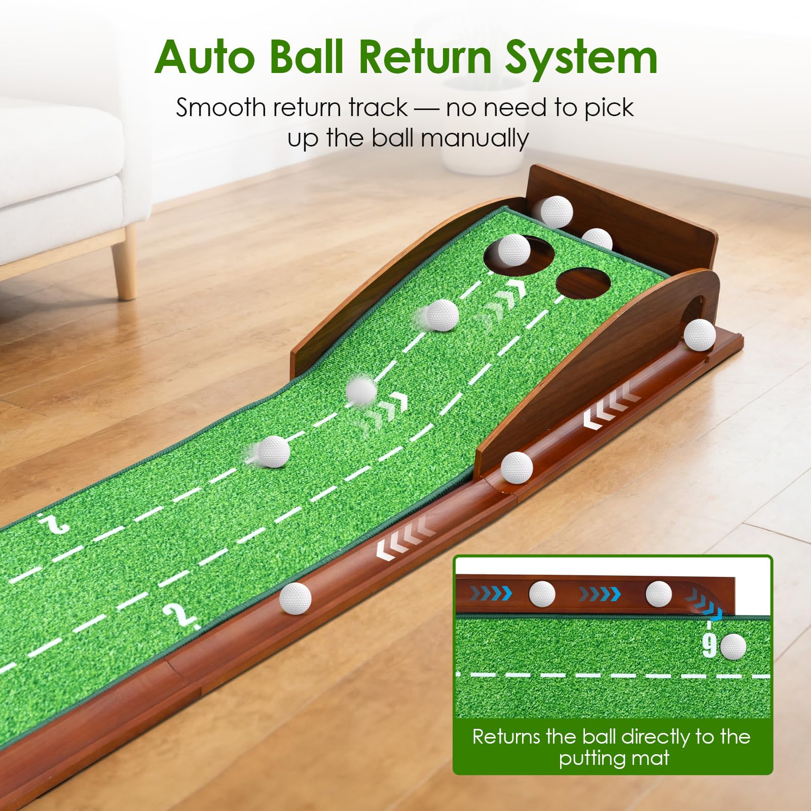 Esterilla de golf con rebobinado automático de bolas y riel de madera, Putting Green Indoor con espejo de putt & 2 agujeros, mini golf para el hogar, alfombra de golf plegable para oficina/jardín