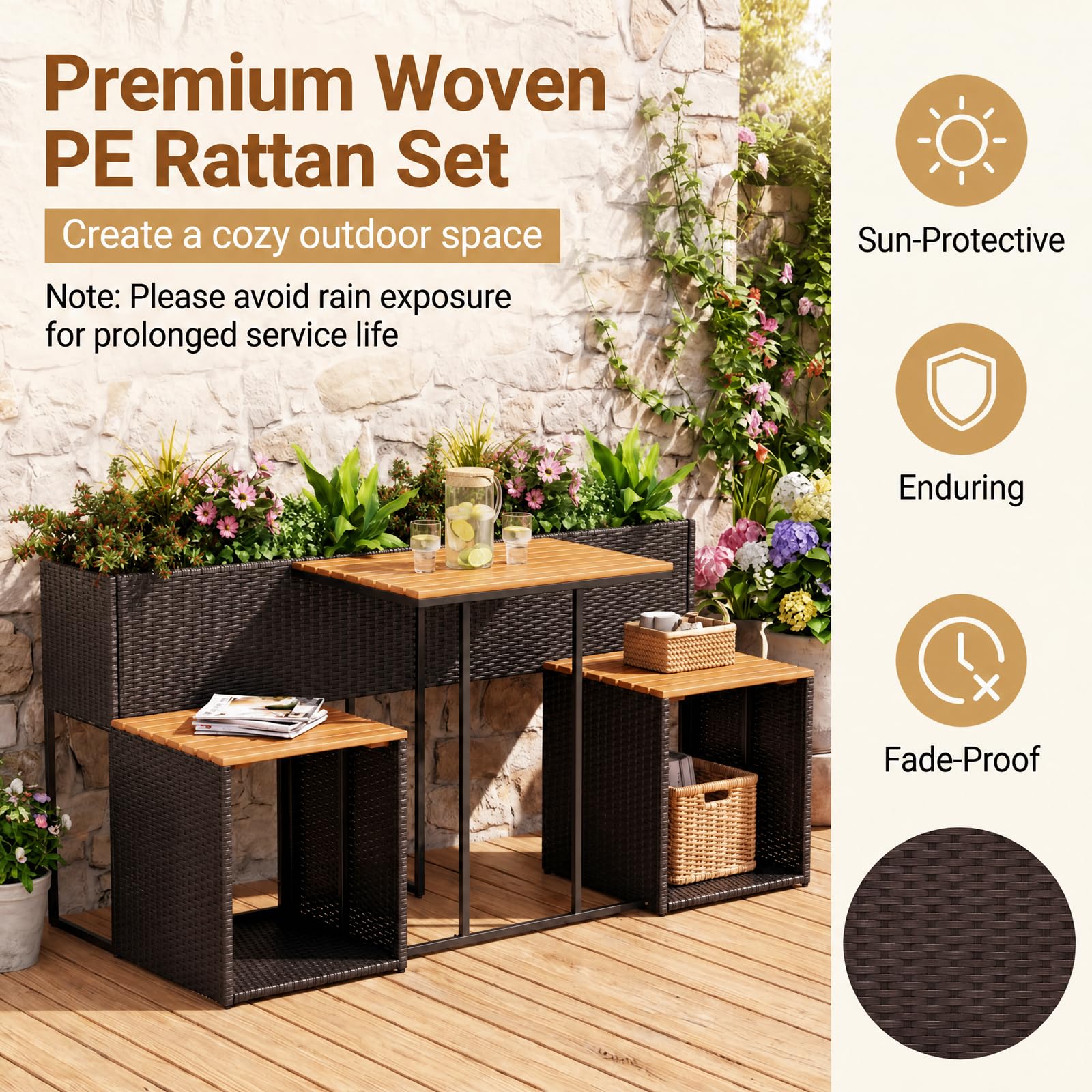GIANTEX Juego de Muebles de Exterior con Jardinera Elevada, para 2 Personas (Marrón)