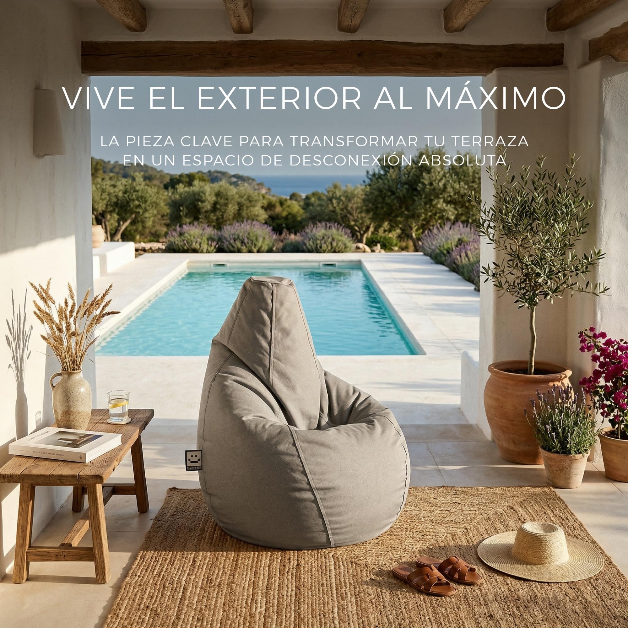 HAPPERS Puff Pera Naylim Mate con Relleno Incluido para Exterior e Interior Transpirable y Resistente | Asiento Relax Ergonómico para Terraza, Jardín y Salón | Talla XL Piedra
