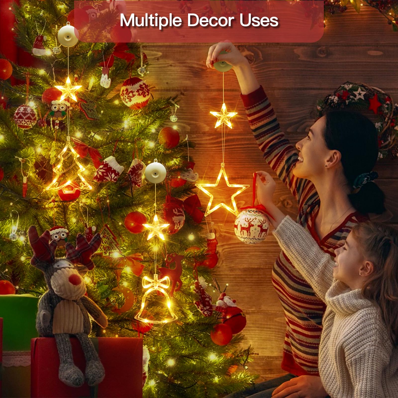suddus Lot de 3 guirlandes lumineuses de Noël en forme de clochette et d'étoile, alimentées par piles avec ventouses et minuterie, guirlande lumineuse à suspendre pour arbre, cheminée, blanc chaud