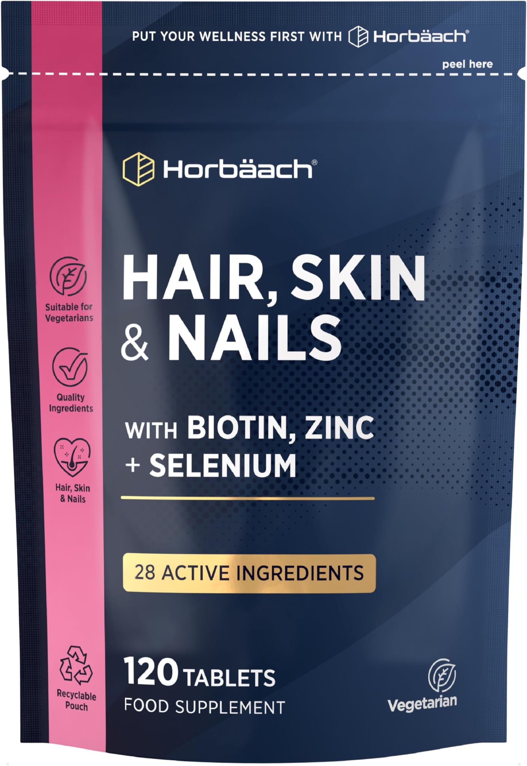 Hair Skin and Nails Vitamins | Biotin Hair Growth | 28 Actives with Biotin, Zinc and Selenium | One-A-Day Formula | Beauty Supplement for Women and Men | 120 Vegetarian Tablets | by Horbaach