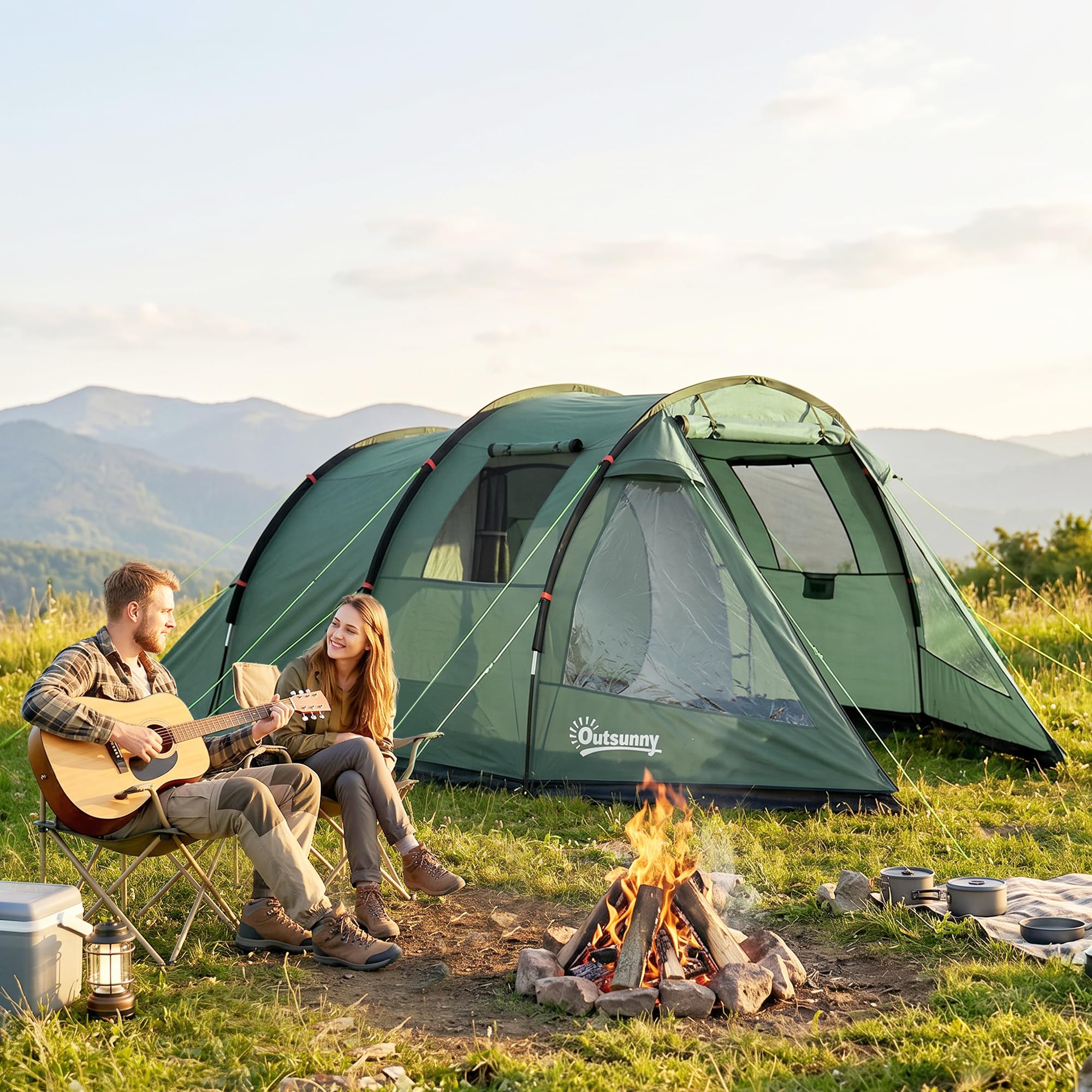 Outsunny Tienda de Campaña de Túnel Tienda Camping para 3 Personas Impermeable PU2000 mm Protección UV30+ con Ventanas y Bolsa de Transporte para Trekking Camping Playa Aventura 475x264x172 cm Verde