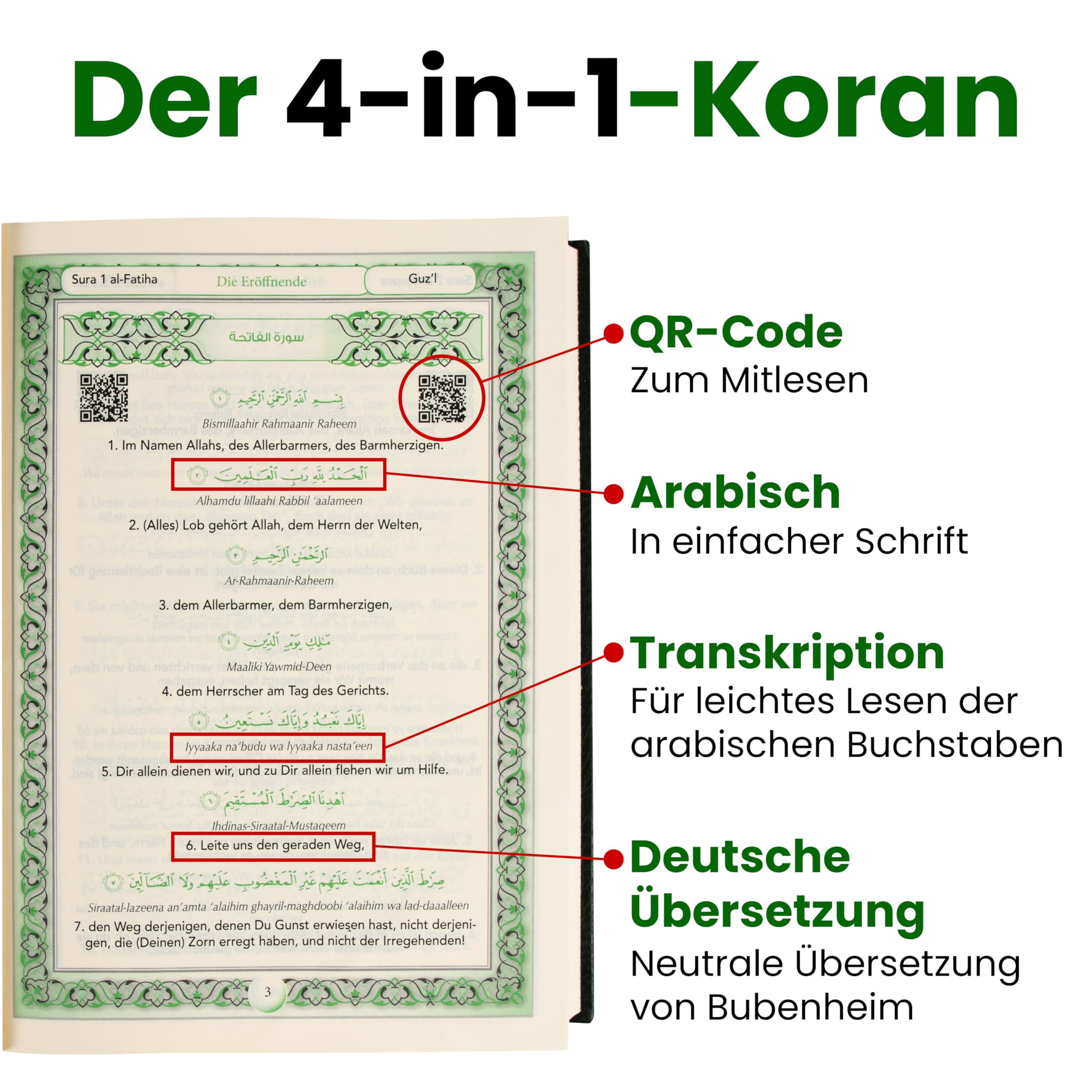 Koran Arabisch Deutsch Grün + Übersetzung + Hardcover Große Schrift inkl. Lautschrift für Anfänger - Quran Transkription - Heiliger Qur'an + Transliteration Inkl.QR-Code
