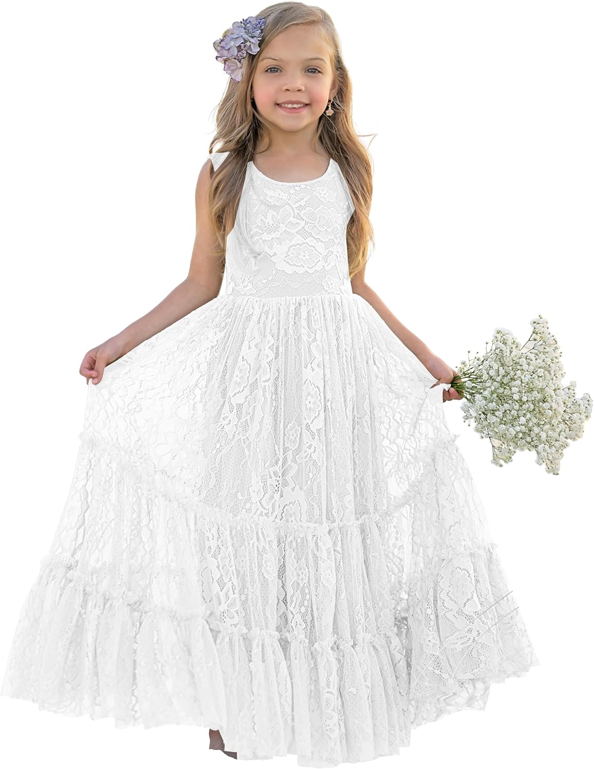 Flower Girl Dress Lace Boho Toddler Dresses Ruffle Girl Dress for Wedding Garden Party Holiday Communion Sleeveless