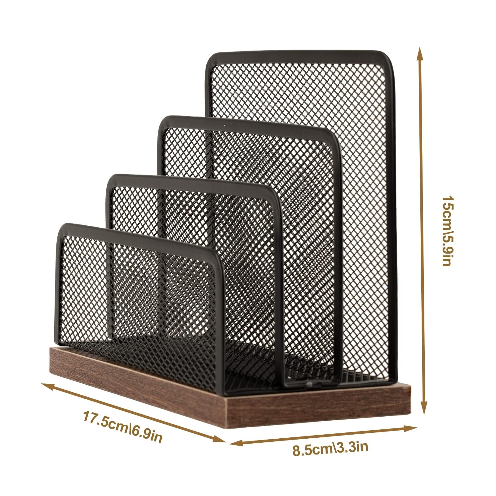 Schreibtisch-Organizer aus Holz, Desktop-Aktenordner, Metallgeflecht mit 3 vertikalen aufrechten Fächern, Postsortierer, Brief-Organizer für Briefe, Postkarten, Broschüren, Posthalter (2 Stück)