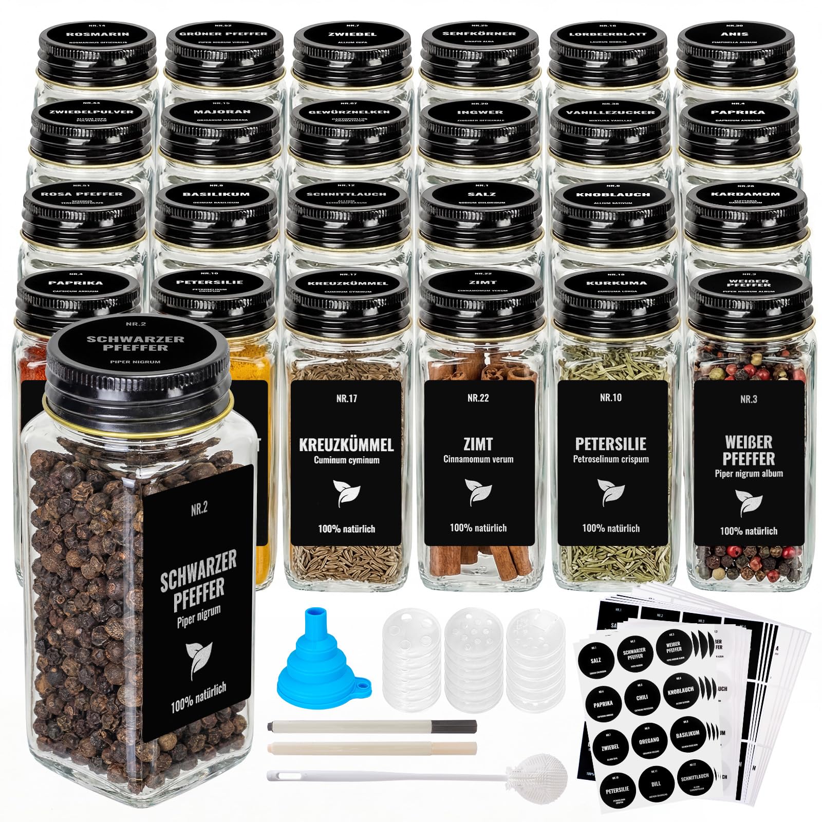 24 Pezzi Set Di Barattoli Per Spezie, Controllo Delle Spezie In Vetro 120ml, Contenitori Per Spezie Con Adesivi Tedeschi Ed Etichette Bianche, Pennello, Imbuto Per Spezie Barattoli Portaspezie
