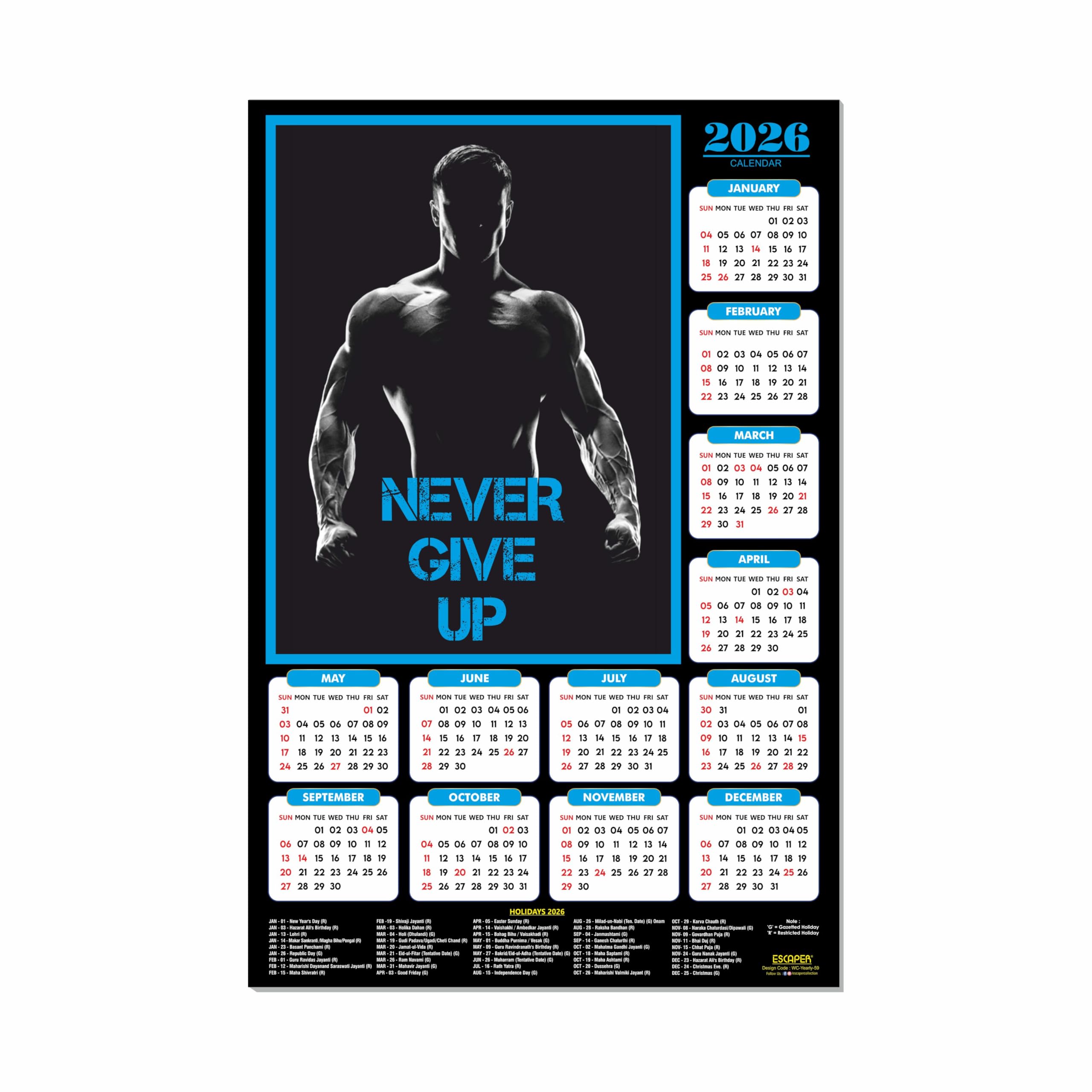 ESCAPER Never Give Up Gym Wandkalender 2026 - 300 g/m² Papier, laminierte Bodybuilder & Workout Motivation, Fitness & Übung Wandkalender für Fitnessstudio, Zuhause oder Fitnesscenter