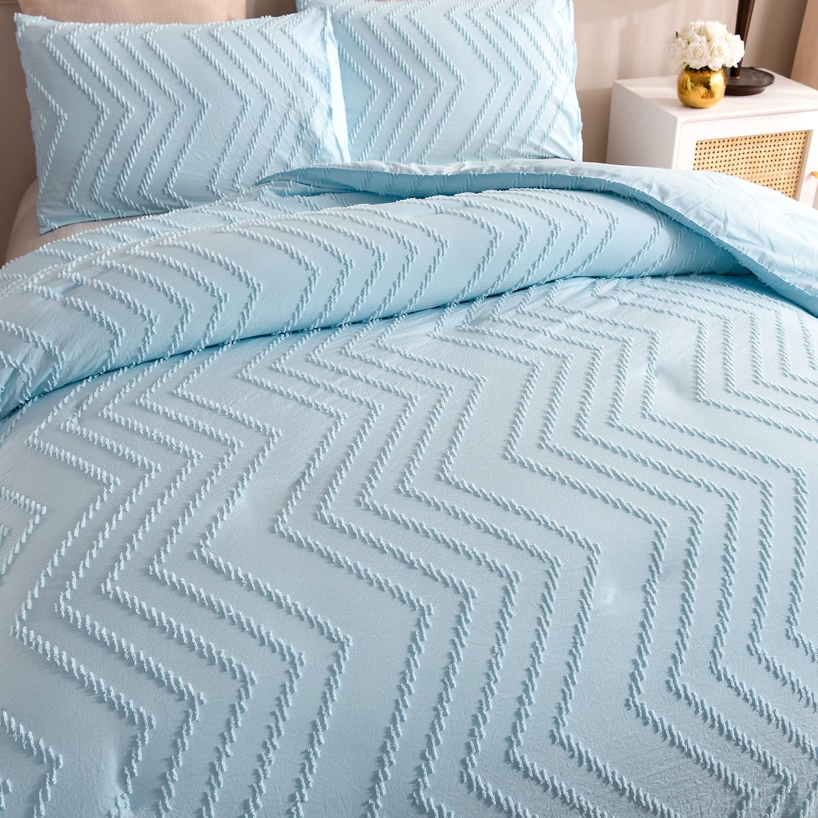 ALEjon Juego de Funda nórdica Plisada Azul con patrón geométrico, 220X240cm - Conjunto de Ropa de Cama de 3 Piezas, Material de Microfibra, Que Incluye 1 Funda nórdica y 2 Fundas de Almohada