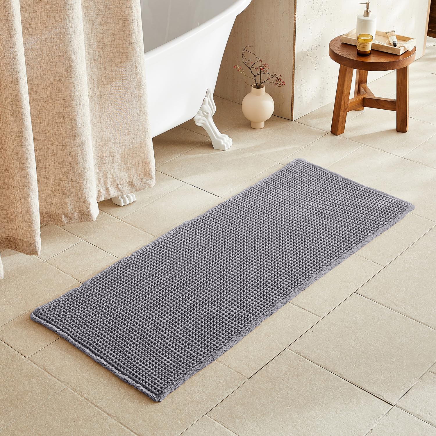 TYUU Waffle Runner Rug Bathroom, Long Boho Bath Mat, 60x24 Grey
