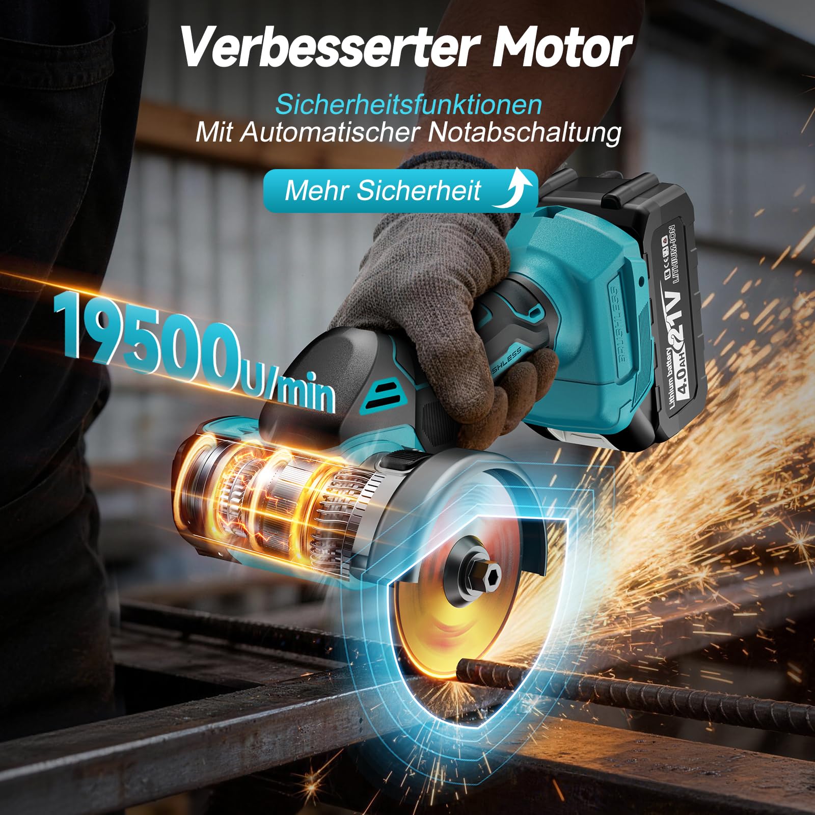 Mini Akku Winkelschleifer 76mm Kompatibel mit Makita 18V Akkus, 19500RPM Akku Flex mit 2×4.0Ah Batterien, Trennschleifer mit 5 Trennscheiben für Metall/Holz/Fliesen | Mit Staubschutzhaube
