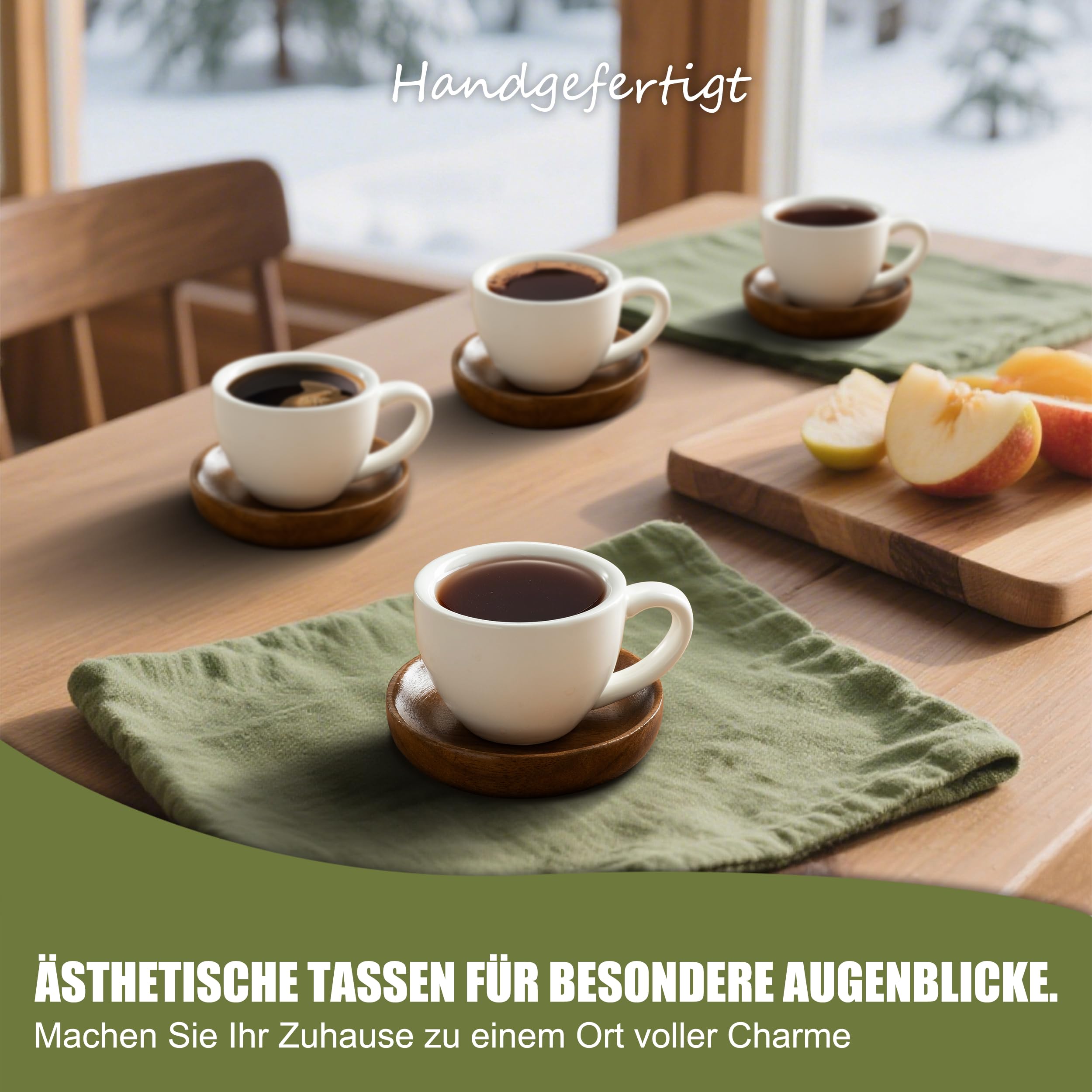 6er Set Espressotassen mit Untertassen – Weiß, 75ml Dickwandige Keramik-Espressotassen Set, Lang Warm Haltend, Stapelbares Design & Spülmaschinenfest
