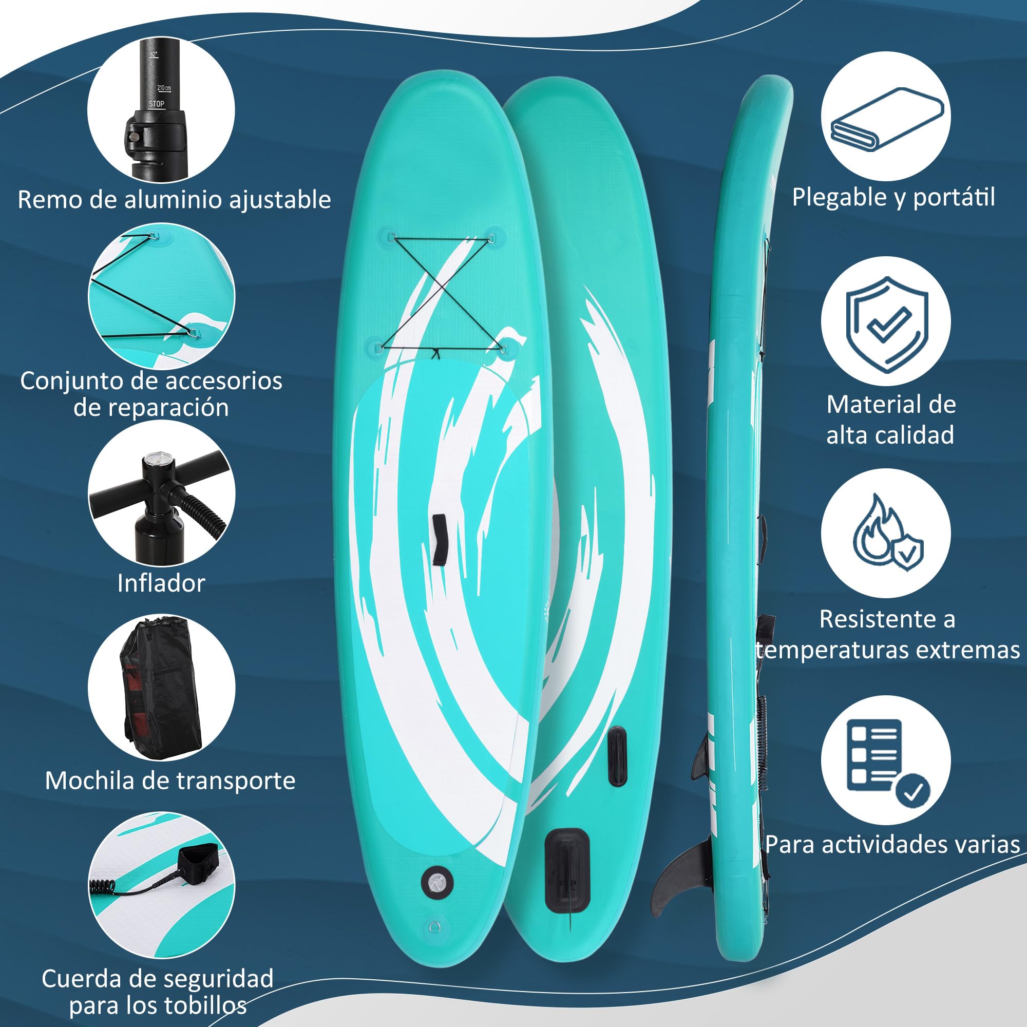 Outsunny Tabla de Paddle Surf Hinchable Tabla de Stand Up Paddling Inflable con Remo Ajustable Aletas Cubierta Antideslizante Bomba y Bolsa de Transporte