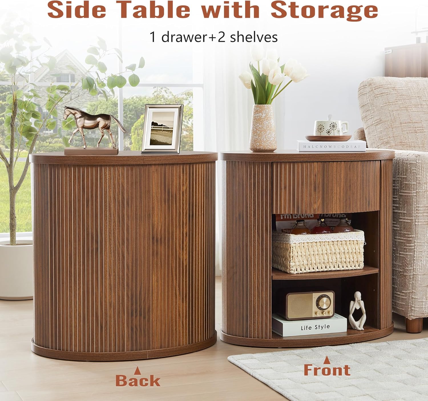 Fluted Round End Table with Storage Set of 2, Farmhouse Side Table with Drawer and Open Shelf, Small Night Stand Table for Dorm, Bedroom, Sofa Side Table for Living Room - Walnut