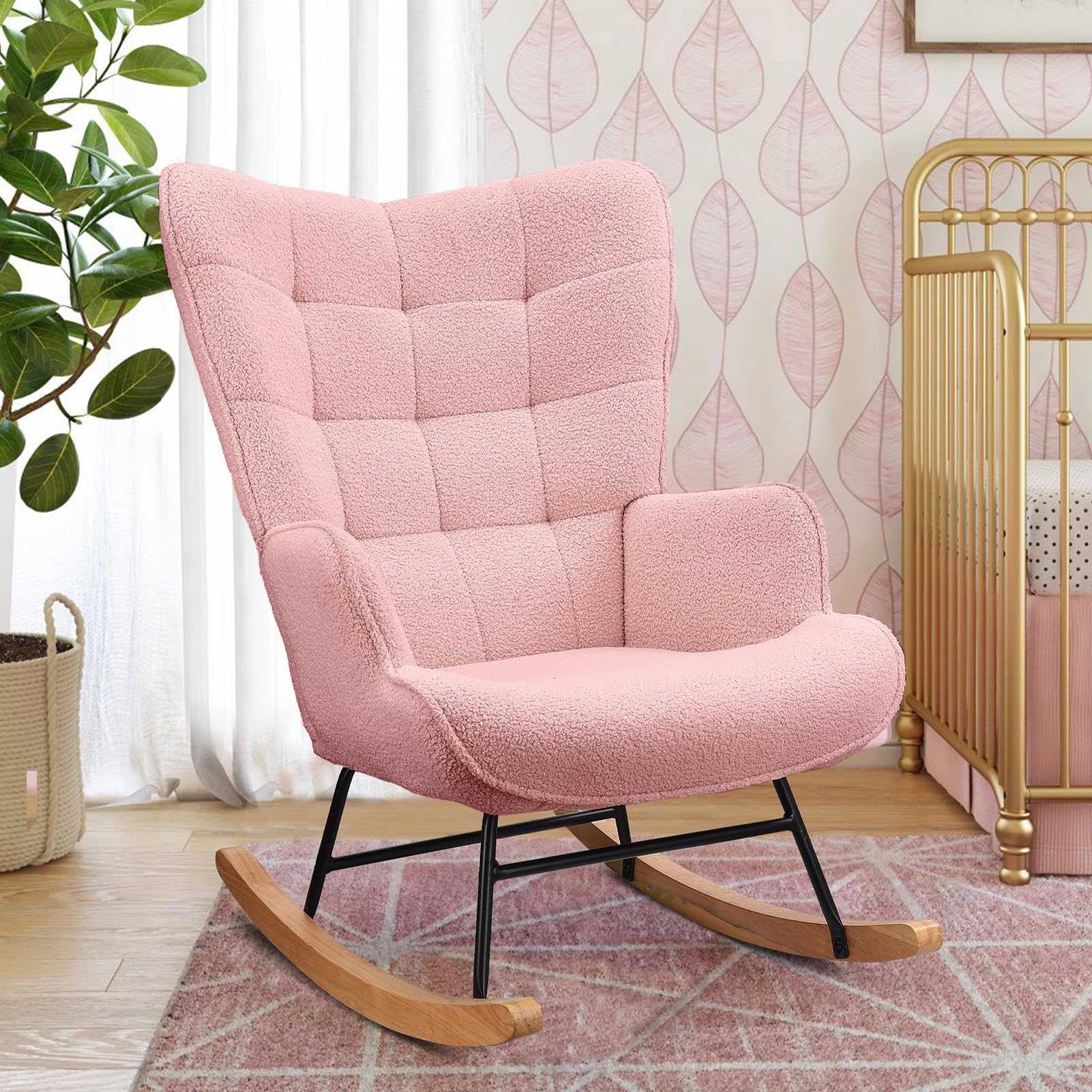 Sedia a dondolo Sedia a dondolo scandinavo, Allattamento Poltrona, Scandinavo, Sedia per Tempo libero e Riposo in Tessuto con Piedi in Legno Metallo per Soggiorno, Camera da Letto (Rosa)