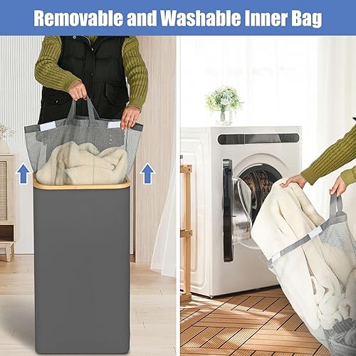 Miniatura 3 de YOKAMIRA Cesta de lavandería con tapa, cesta grande de lavandería de 110 litros con asa, tapa y una bolsa de lavandería extraíble, cestas de