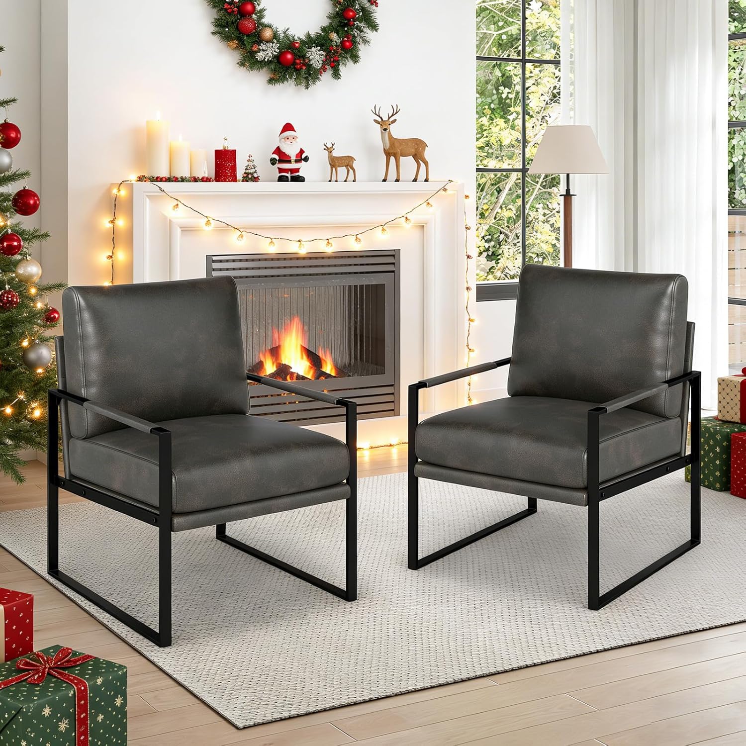 Juego de 2 sillas decorativas de piel sintética moderna de mediados de siglo, sillón con marco de metal con cojín de asiento extraíble extra suave y