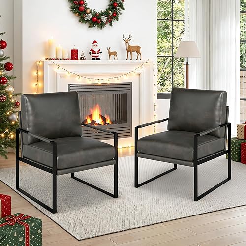 Miniatura 1 de Juego de 2 sillas decorativas de piel sintética moderna de mediados de siglo, sillón con marco de metal con cojín de asiento extraíble extra suave y