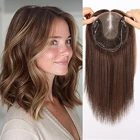 Toppers de cabelo grande MONO Top para mulheres Remy cabelo humano 35 cm 15 cm x 17 cm grande base parcial peruca capinha cabelo fino ou perda sem franja perucas naturais (marrom com destaques