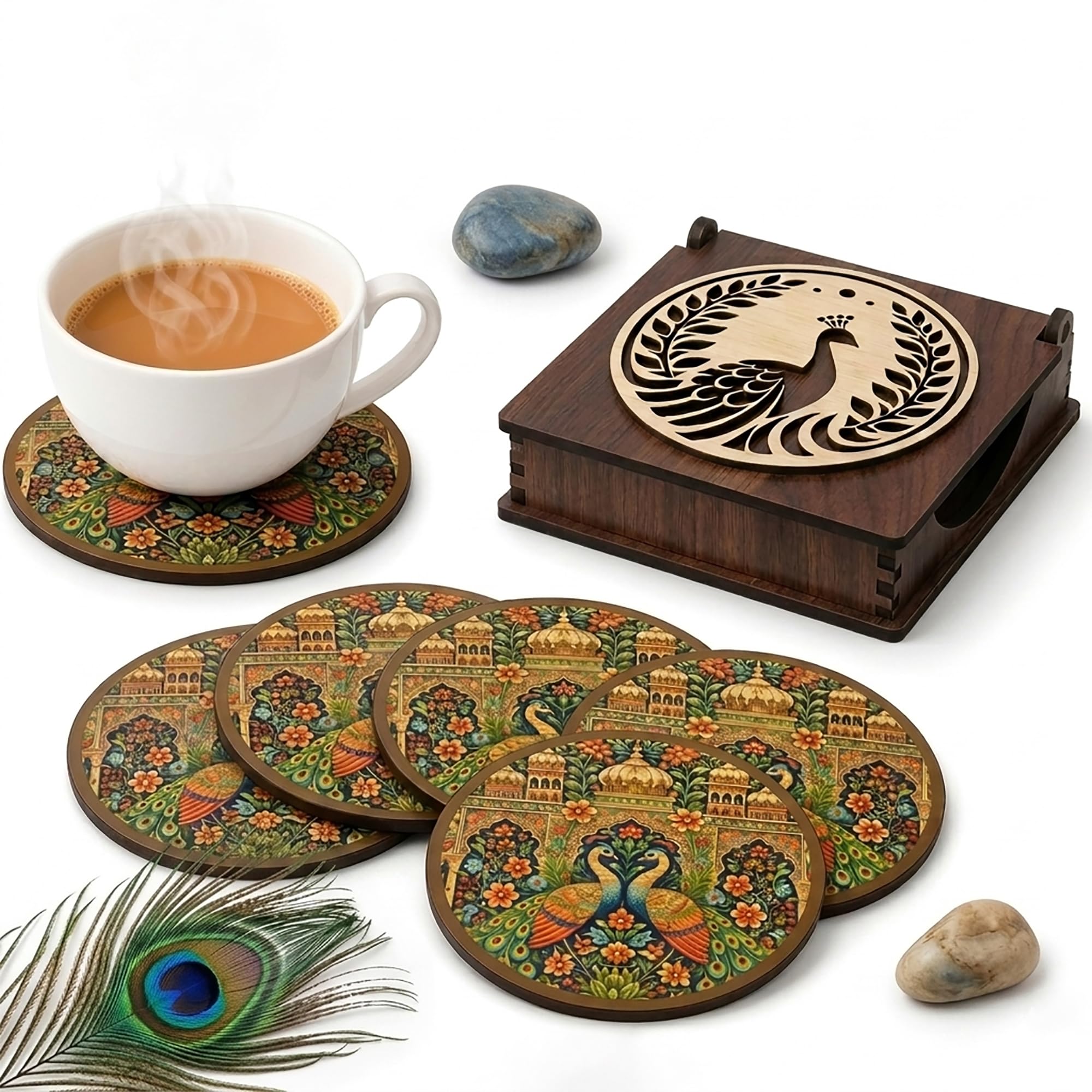 SOLOBOLO Coaster Set of 6 with Folding Box Holder for Tea Coffee Cups, Pichwai Mor Baagh Coaster Set Design, Decorative Table Coasters for Dining Table, Office Desk, Kitchen & Home Gift-image-49