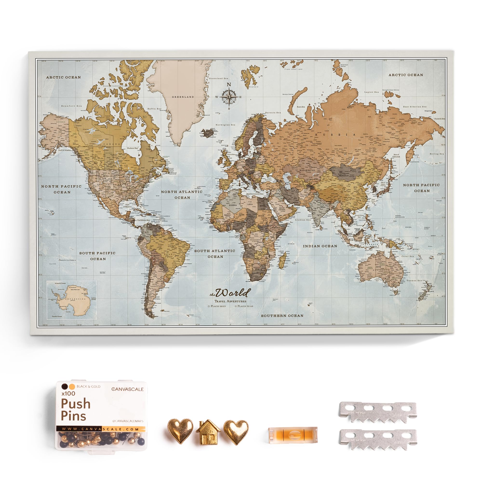 Canvas World Map with Cork Pin Board - English Lettering - Decorative Wall Decoration for All Rooms - Canvas Pictures with World Map Motif (90x60 cm,