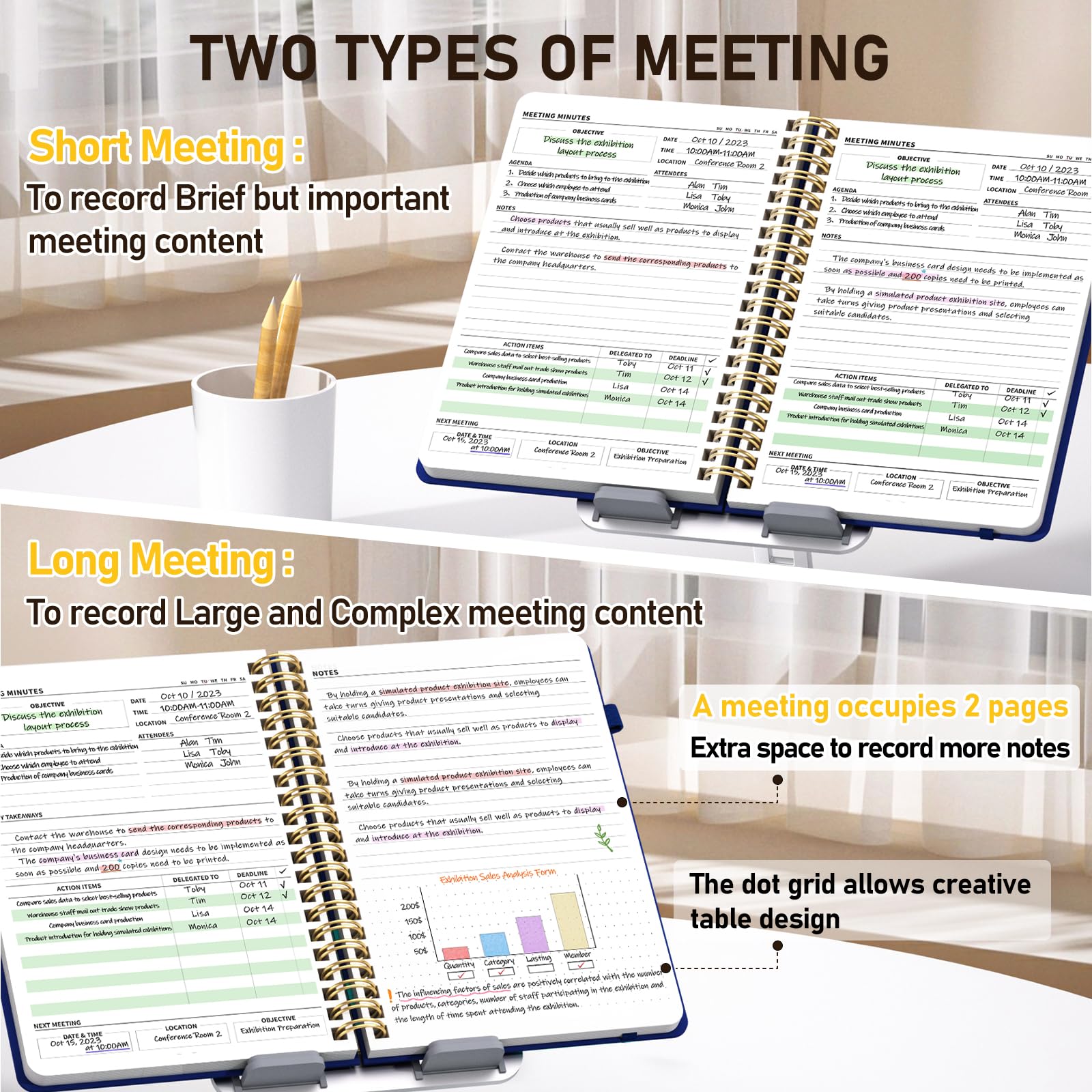 WEMATE Cuaderno de reuniones para el trabajo B5 (7 x 10 pulgadas), cuaderno de trabajo de piel sintética con agenda, artículos de acción y notas, 200 páginas para hombres y mujeres, personal y
