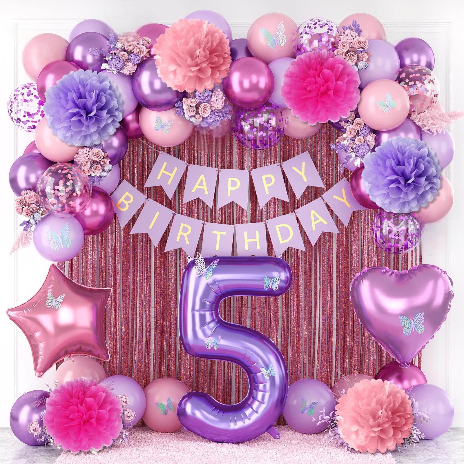 Pink Purple 5th Birthday Party Decoration for Girls Number 5 Princess Decor