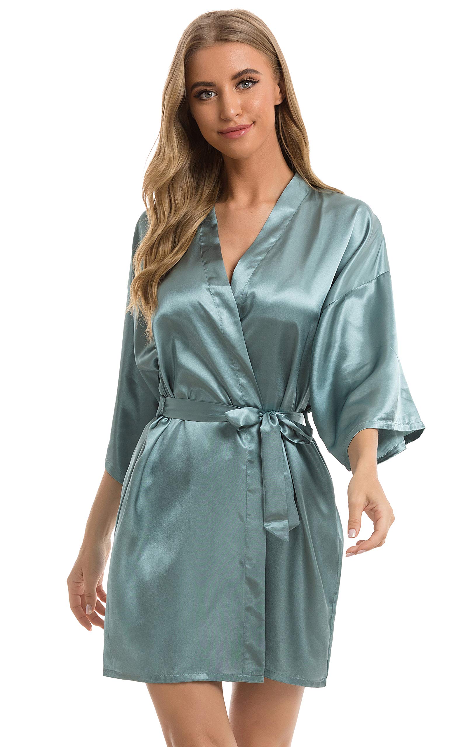 Vlazom Kimono Robe Damen Morgenmantel Kurzer Satin Bademantel Mit Gürtel V-Ausschnitt Kimono