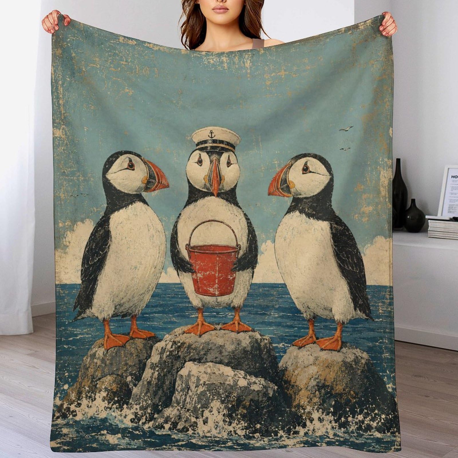 Trio di pulcinella di mare con secchio Coperta Coperta TV Calda | coperta divano morbida con Arte del libro di fiabe e Illustrazione carina per bambini, per divano, letto, 175x200cm(70x80in)