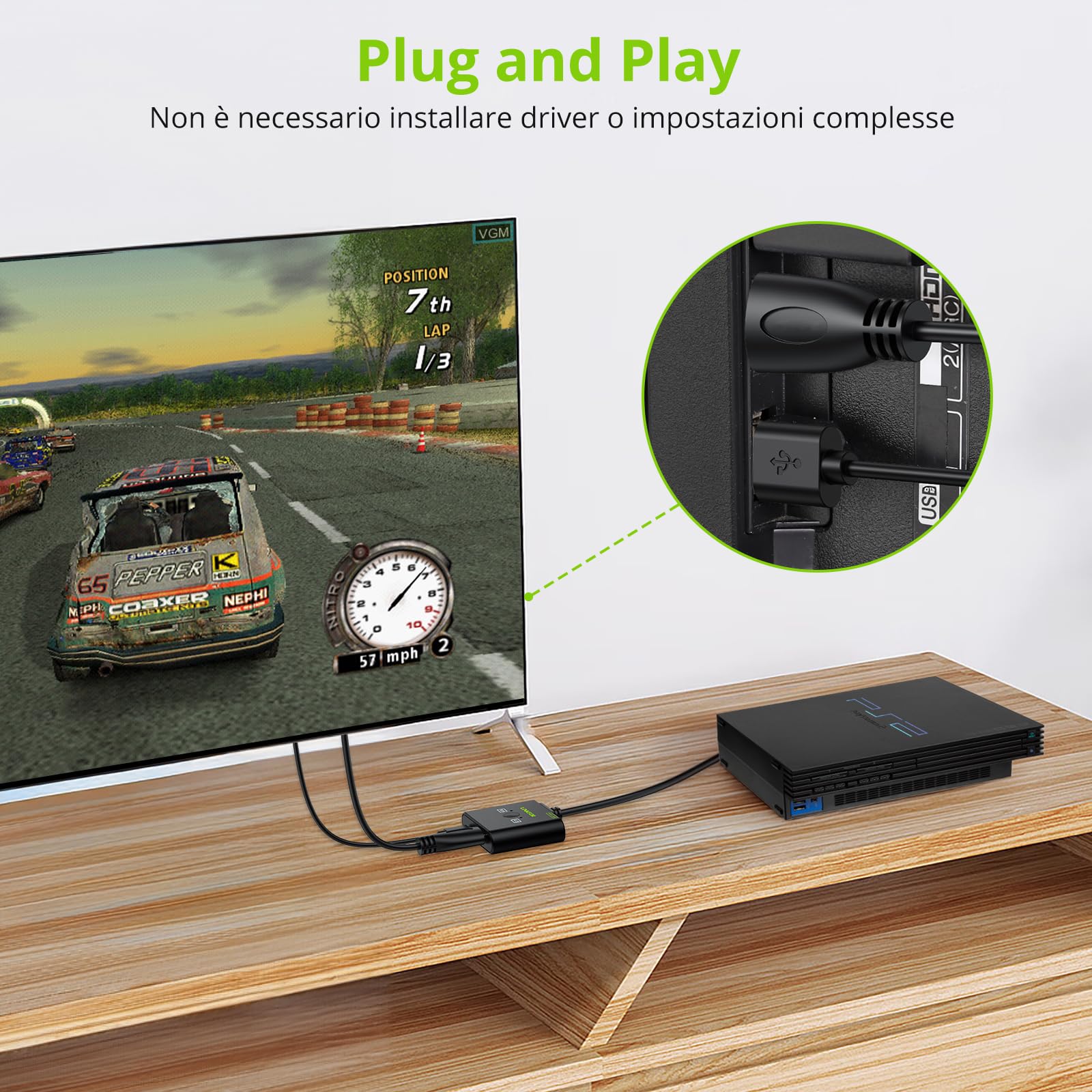 LiNLFOR Convertitore da PS2 a HDMI con Switch RGB/YPbPr e 4:3/16:9, Adattatore da PS2 a HDMI 1080P HD con Cavo PS2 30cm e HDMI 1m Plug e Play Compatibile con Tutti i Modelli PS2 (Fat/Slim)