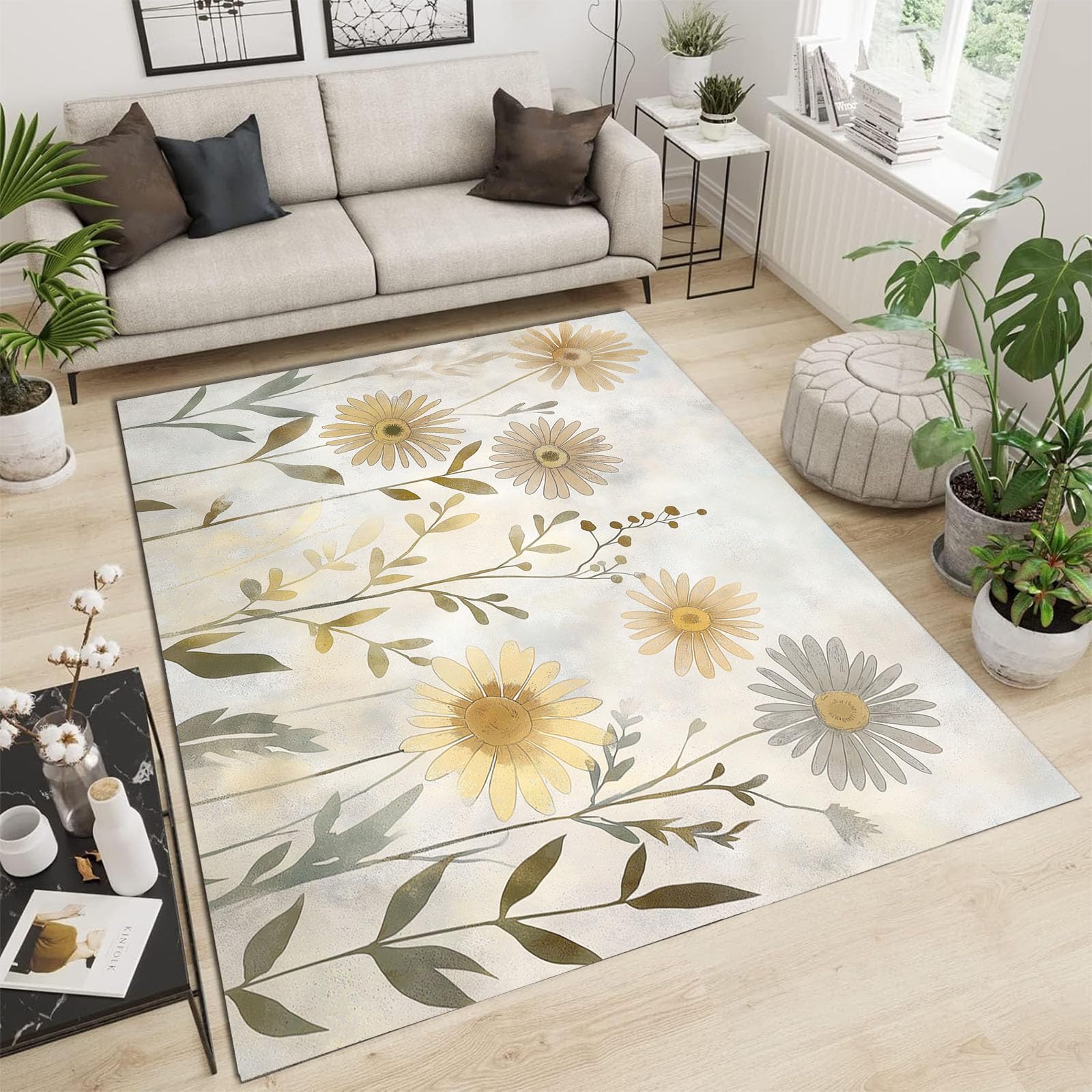 Tapis moquette de salon doux et antidérapant avec motif marguerite