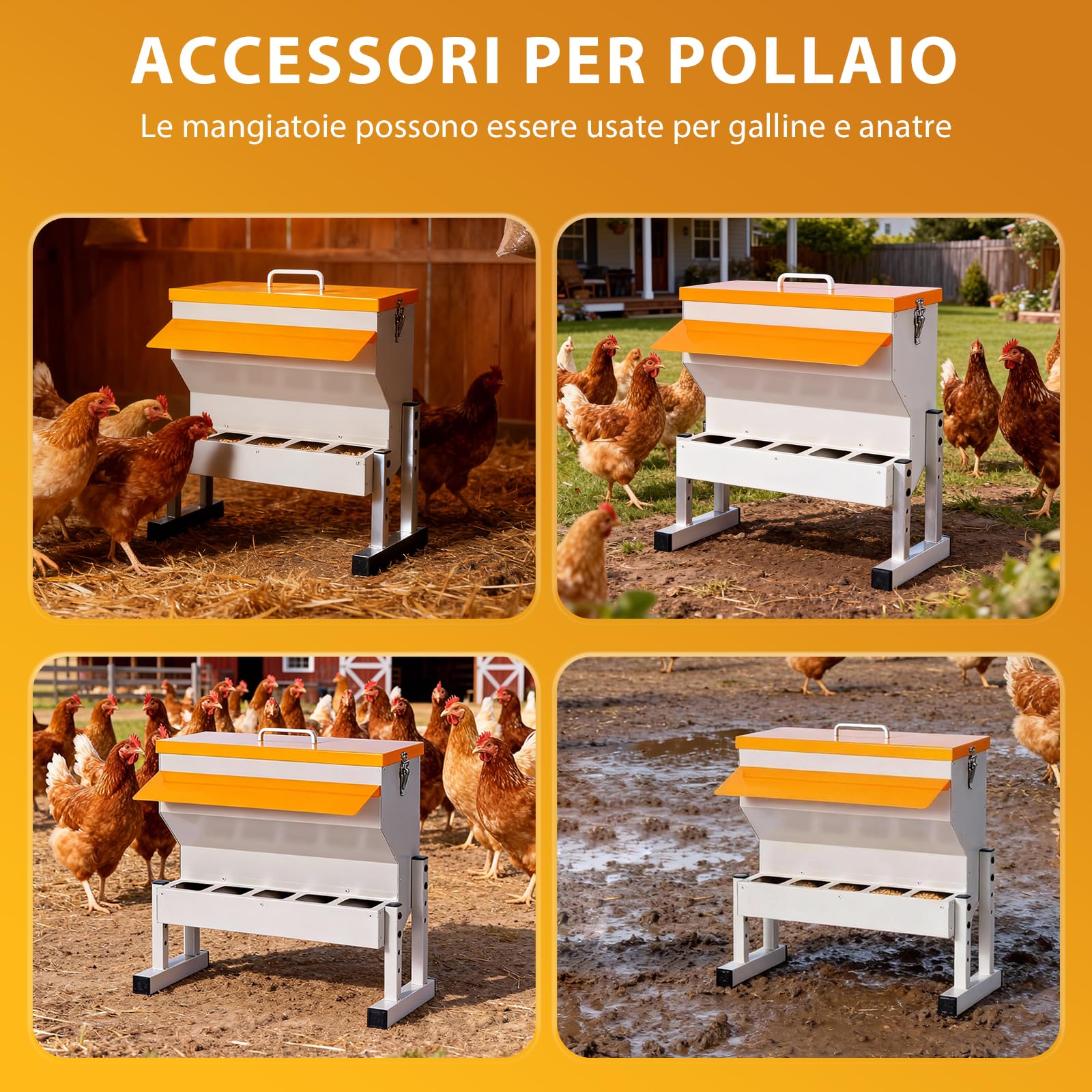 Mangiatoia automatica per polli in metallo, 16 l, con 5 aperture per mangime, distributore automatico | Gravità, mangiatoia per pollame, da appendere, per pollame, anatre, accessori per pollaio