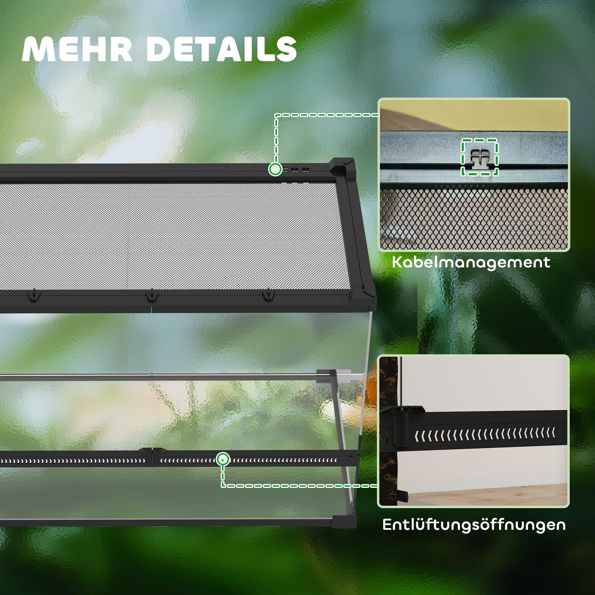 PawHut Terrarium für Reptilien Glasterrarium 48L Reptile Fütterungsbox mit Frontbelüftung ausbruchsicherer Drehverschluss Reptilienzuchtbox für Amphibien Spinne Schwarz 50 x 30 x 35 cm